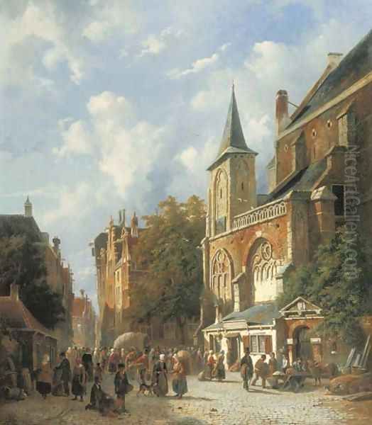 A bustling street by a church in a Dutch town Oil Painting by Adrianus Eversen