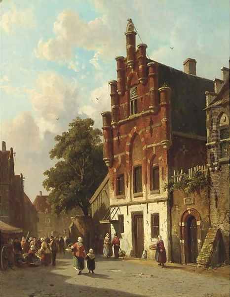 A busy day on a sunlit Dutch street Oil Painting by Adrianus Eversen