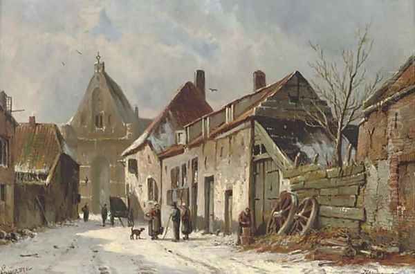 A Dutch street in winter Oil Painting by Adrianus Eversen