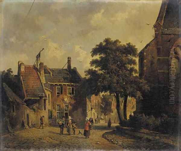 A town in summer with figures conversing Oil Painting by Adrianus Eversen