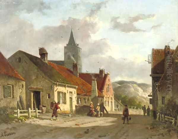 Daily activities in a sunlit Dutch town Oil Painting by Adrianus Eversen