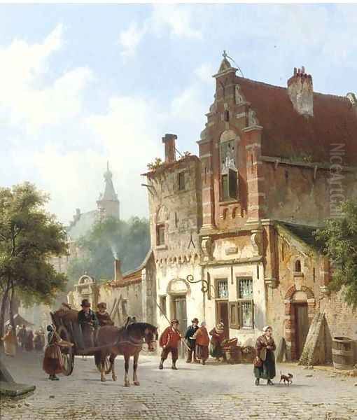 Daily activities in a sunlit Dutch town 2 Oil Painting by Adrianus Eversen