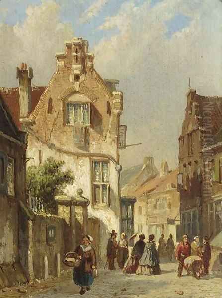 Elegant figures in a sunlit street Oil Painting by Adrianus Eversen