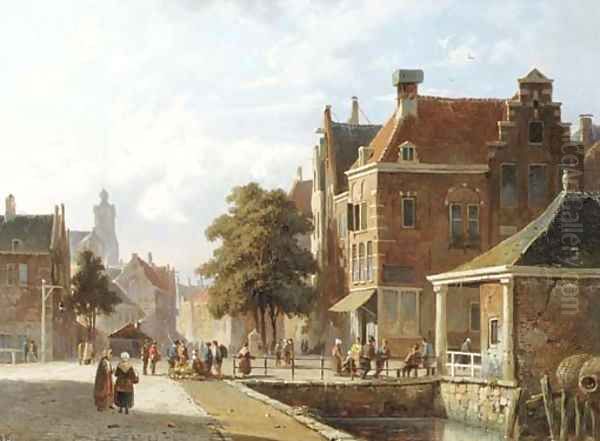 Figures by a canal in a sunlit Dutch town Oil Painting by Adrianus Eversen