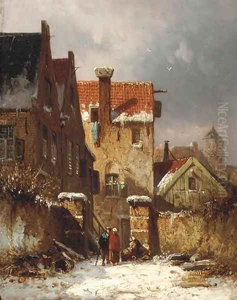 Figures conversing in a Dutch town in winter Oil Painting by Adrianus Eversen