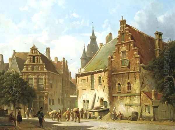 Figures on a sunlit street Oil Painting by Adrianus Eversen