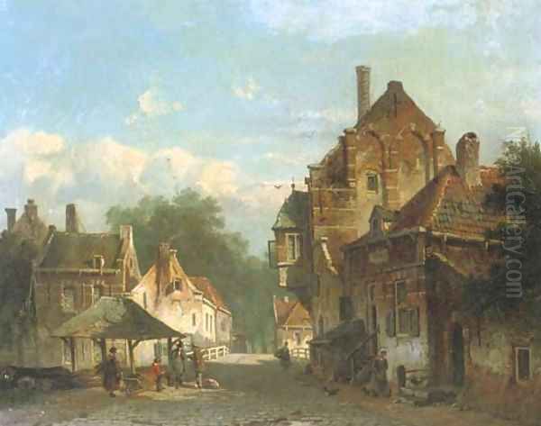 Near a bridge in a Dutch town Oil Painting by Adrianus Eversen