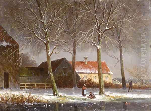 Peasants on a tree-lined snowcovered track, with farms beyond Oil Painting by Adrianus Eversen