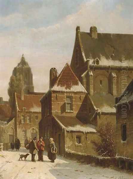 Townspeople conversing in a Dutch town in winter Oil Painting by Adrianus Eversen