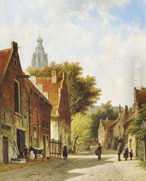 Townspeople in a sunlit street Oil Painting by Adrianus Eversen