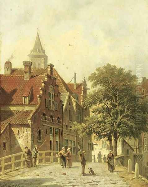 Figures on a bridge in a Dutch town Oil Painting by Adrianus Eversen