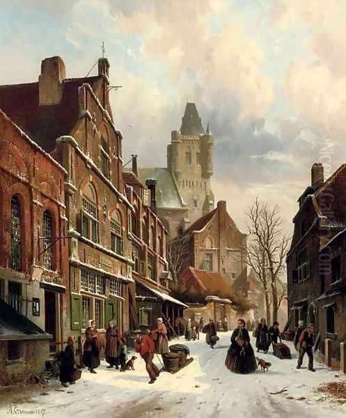 Numerous figures in a Dutch street in winter Oil Painting by Adrianus Eversen