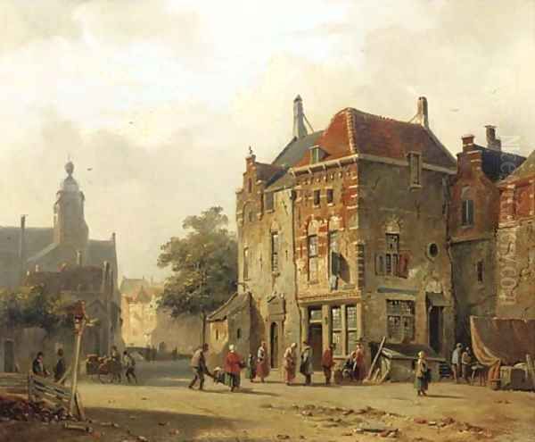 Numerous figures on a sunlit town square Oil Painting by Adrianus Eversen