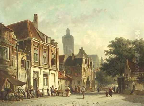 A Dutch town on market day Oil Painting by Adrianus Eversen