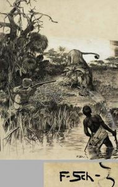 Afrikanische Lowenjagd Oil Painting by Ferdinand Schebek