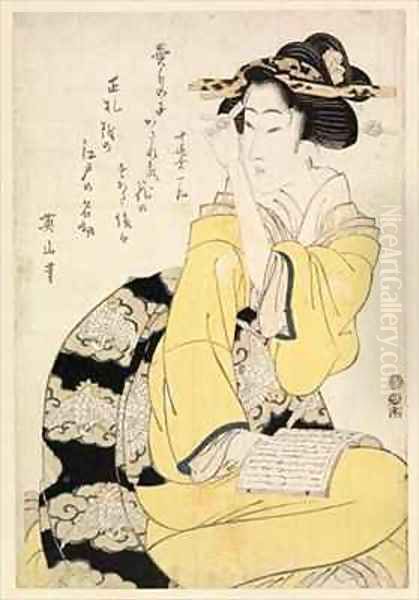 Seated courtesan with a book Oil Painting by Kikukawa Eizan