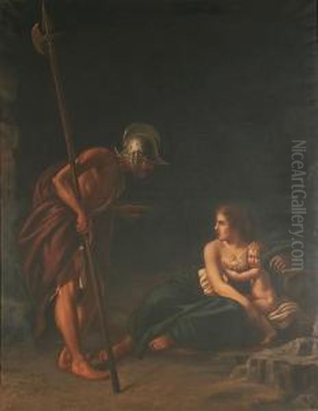 Classical Scene With Roman Soldier Assisting A Woman And Child Oil Painting by Bartolomeo Schedoni