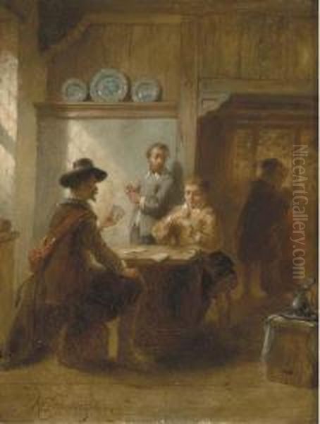 The Card Game Oil Painting by Hendricus Johannes Scheeres