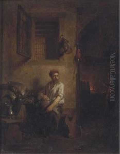 Polishing Armour At The Blacksmith's Forge Oil Painting by Hendricus Johannes Scheeres