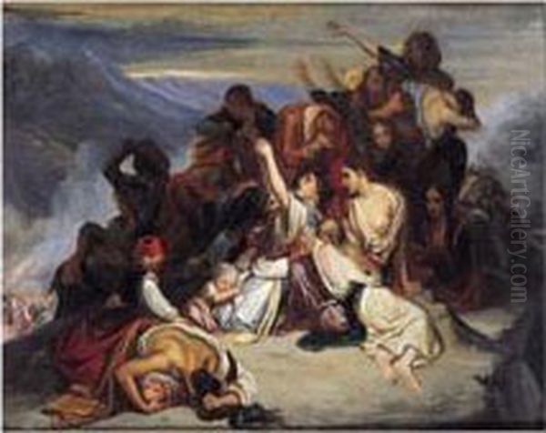 Les Femmes Souliotes Voyant 
Leurs Maris Defaits Par Les Troupes D'ali, Pacha De Janina, Elles 
Prennent La Resolution De Se Precipiter Du Haut Des Rochers. Oil Painting by Ary Scheffer