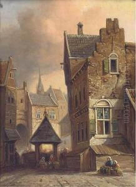 A Continental Street Scene Oil Painting by Henry Schaffer