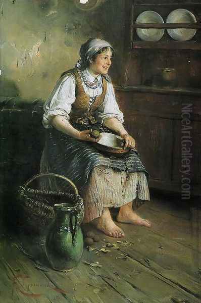 Girl Peeling Potatos Oil Painting by Franciszek Ejsmond