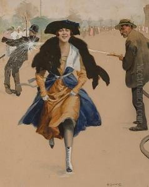 Girl Running With Policeman In The Background. Oil Painting by Artus Scheiner