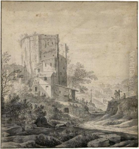 A View Of The Edge Of An Italianate Town, With A Ruined Tower To The Left Oil Painting by Willem Schellinks