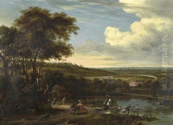 Landscape With Hunting Group Hunting Deer. Oil Painting by Willem Schellinks