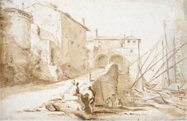 View Of The Ripa Grande, Rome Oil Painting by Willem Schellinks