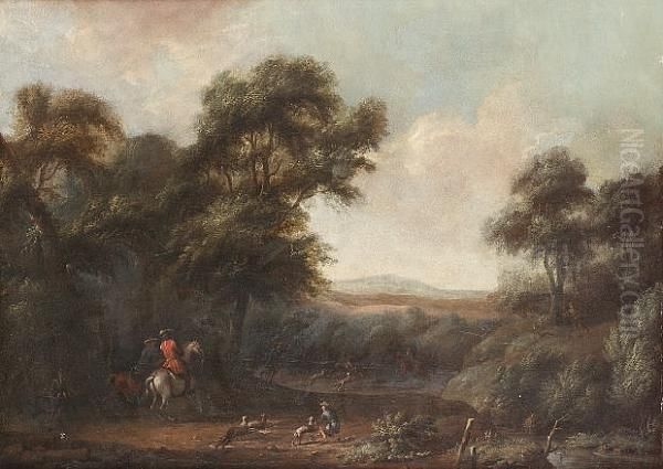 A Wooded Landscape With A Stag Hunt Oil Painting by Willem Schellinks