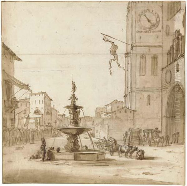 A View Of The Piazza Del Duomo, 
Messina, With The Fountain Oforion, The Cathedral To The Right Oil Painting by Willem Schellinks