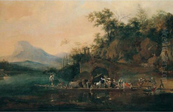 A Landscape With Figures And Animals Crossing A River In A Ferry Oil Painting by Willem Schellinks