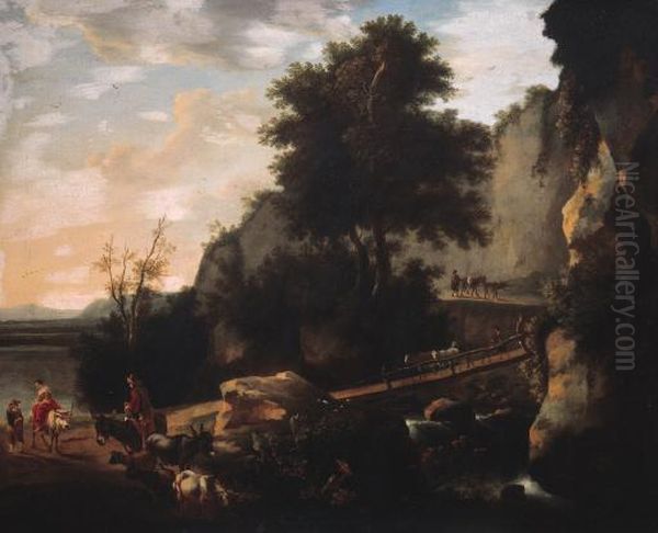 Cowherds And Cattle On A Footbridge In An Italianatelandscape Oil Painting by Willem Schellinks