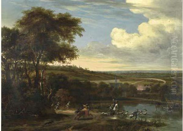 Landscape With Hunting Group Hunting Deer. Oil Painting by Willem Schellinks