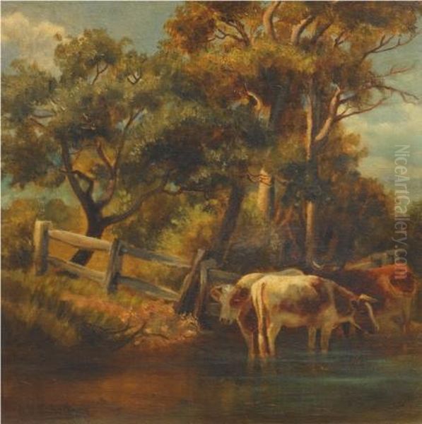 Untitled (cattle At A River) Oil Painting by Jan Hendrik Scheltema