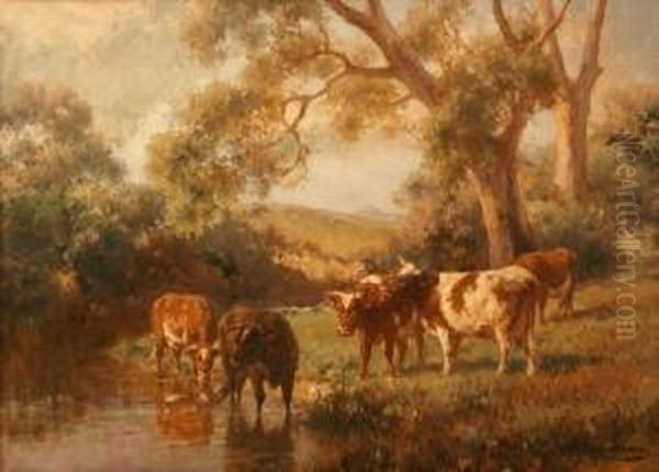 Cattle At The River Oil Painting by Jan Hendrik Scheltema