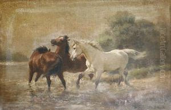 Horses Bolting Oil Painting by Jan Hendrik Scheltema