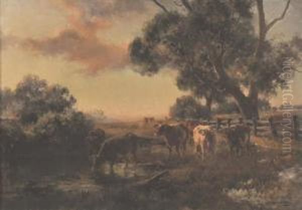 Cattle By A Stream Oil Painting by Jan Hendrik Scheltema