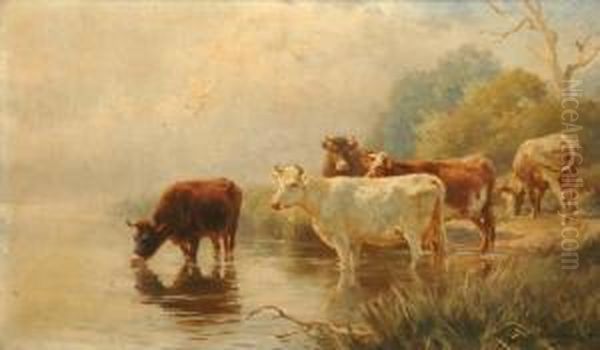 Cattle Watering Oil Painting by Jan Hendrik Scheltema