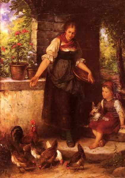 Feeding the Chickens Oil Painting by Rudolf Epp