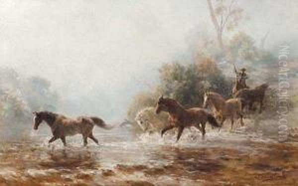 Horses Crossing The Stream Oil Painting by Jan Hendrik Scheltema