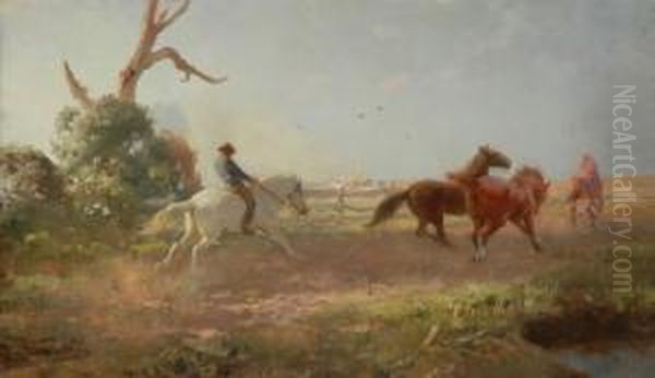 Mustering Horses Oil Oncanvas 
Signed 'j.h. Scheltema' Lower Left 44.5 X 75 Cm Provenance:private 
Collection Melbourne Oil Painting by Jan Hendrik Scheltema