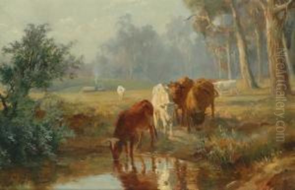 Cattle At The Stream Oil Painting by Jan Hendrik Scheltema