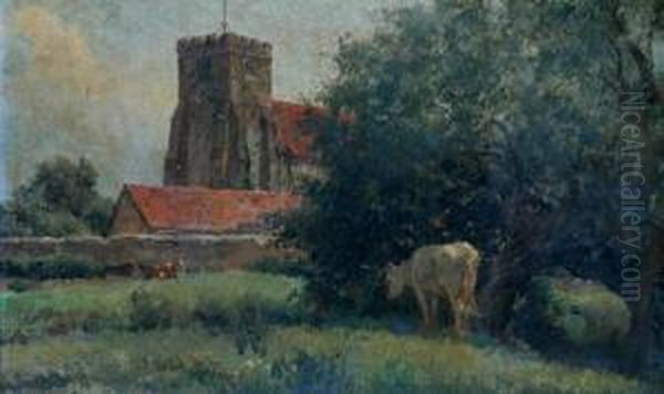 Cows In A Church Yard Oil Painting by Jan Hendrik Scheltema