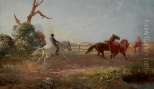 Mustering Horses Oil Painting by Jan Hendrik Scheltema