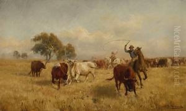 Mustering Cattle Oil Painting by Jan Hendrik Scheltema