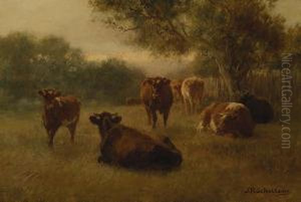 Cattle Resting Under Trees, Heidelberg Oil Painting by Jan Hendrik Scheltema