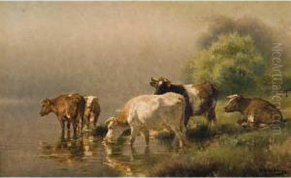 Cattle Resting By Water Oil Painting by Jan Hendrik Scheltema