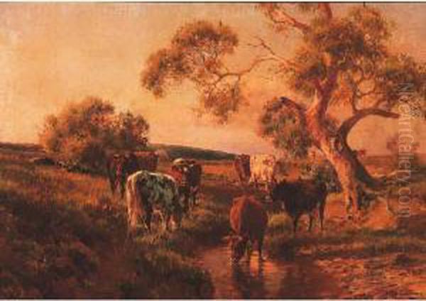 Cattle Grazing By A Stream Oil Painting by Jan Hendrik Scheltema